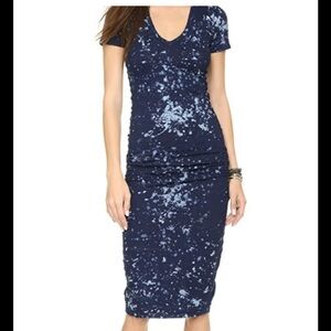 Monrow Bleach Splatter V-Neck Ruched T-shirt Dress in Blue